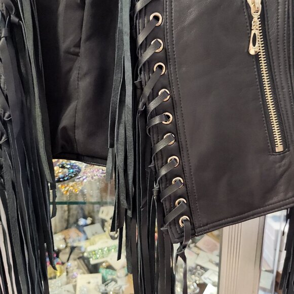 MADONNA & CO LUXE FRINGE LEATHER BOLERO JACKET BIKER BABE RARE - Picture 4 of 8